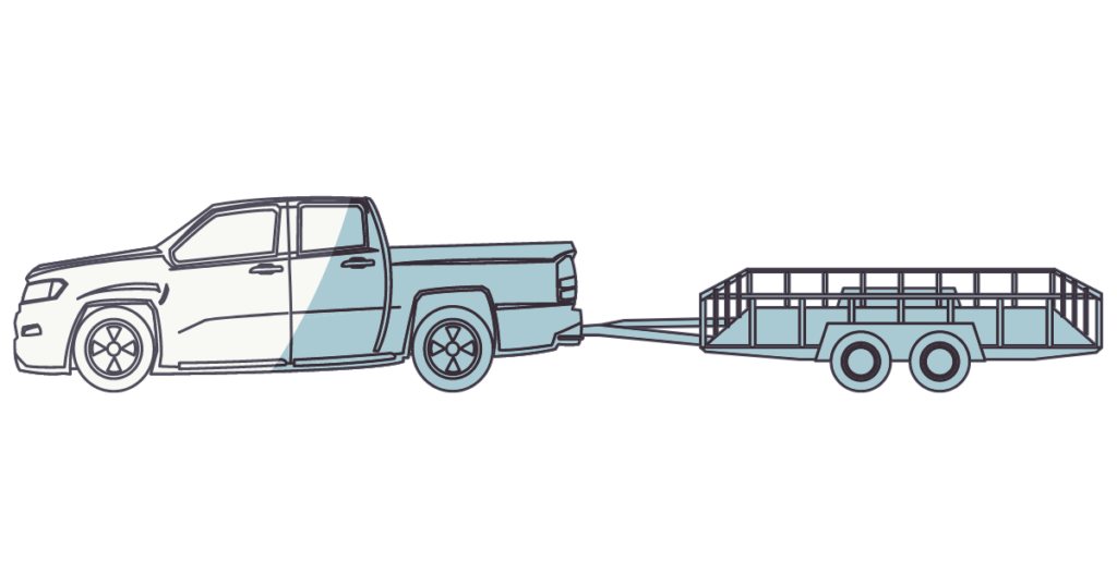 Pickup truck towing a trailer for hotshot transport service; line drawing coloured half white and half light blue.